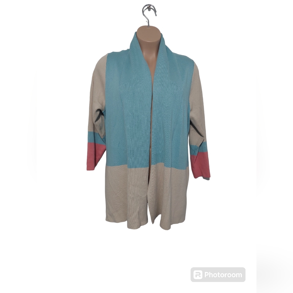 CJ Banks Teal and Beige Colorblock Cardigan